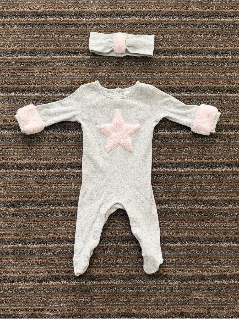 PL Baby Plush Star Footie One-Piece with Headband - Gray & Pink